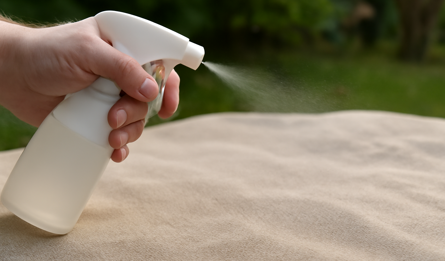 main vaporisant produit sur textile en extérieur