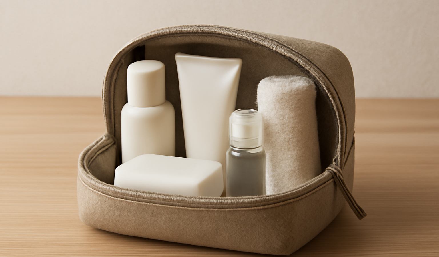 trousse de toilette compacte avec quelques produits essentiels