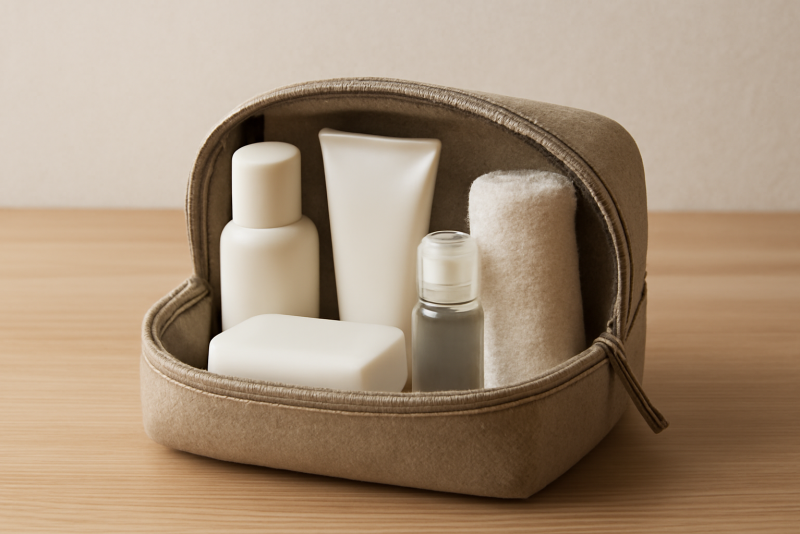 trousse de toilette compacte avec quelques produits essentiels
