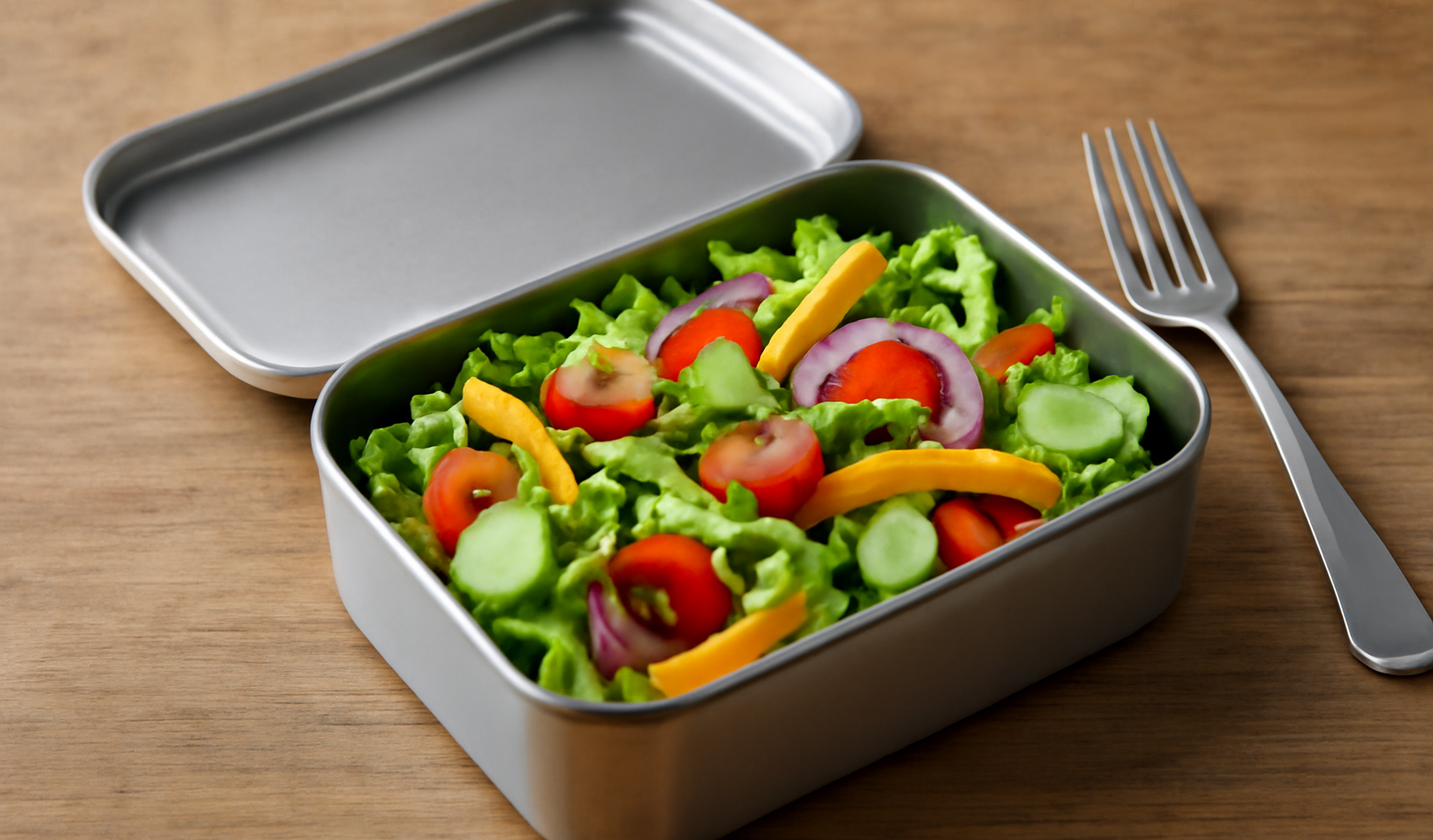 lunchbox ouverte avec salade colorée sur table