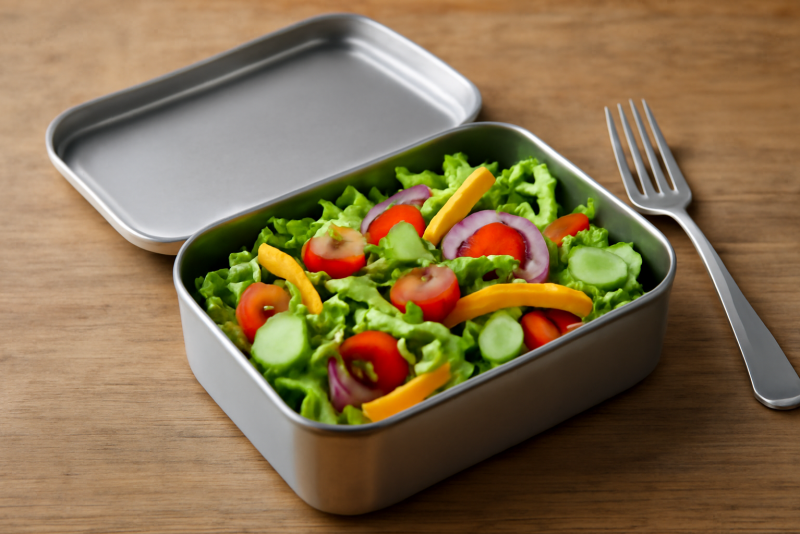 lunchbox ouverte avec salade colorée sur table