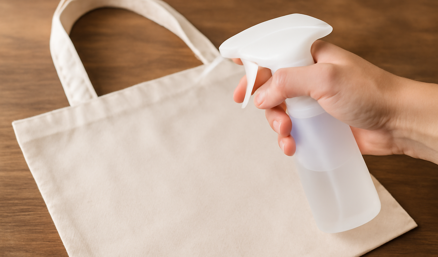 main vaporisant un spray sur un sac en tissu