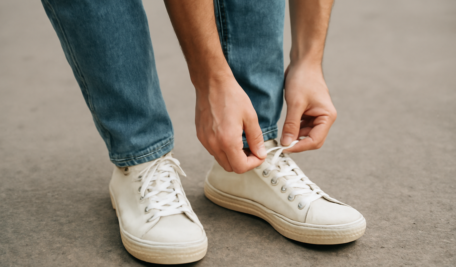 personne en jean se penchant pour lacer chaussures
