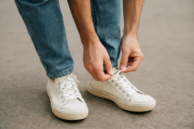 personne en jean se penchant pour lacer chaussures