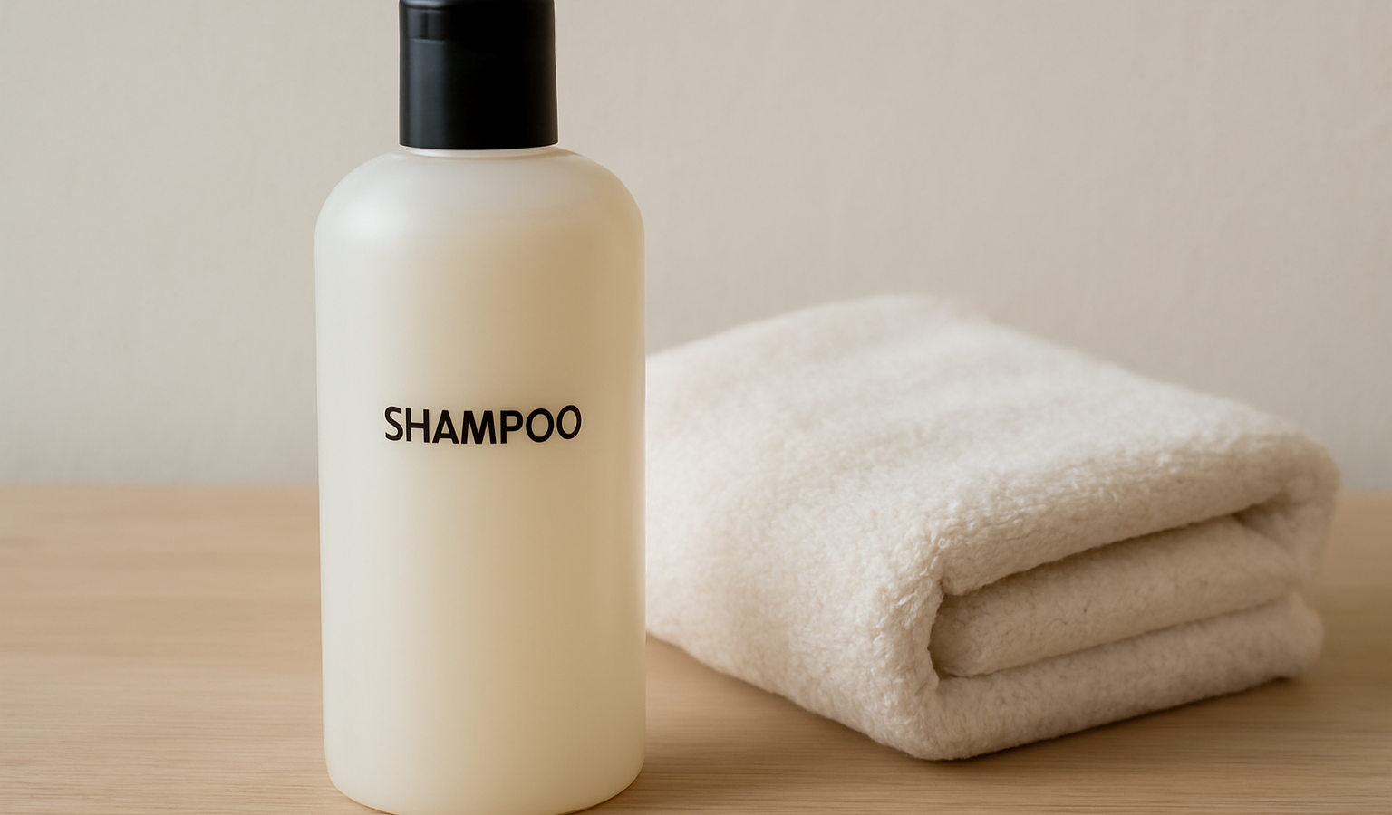 bouteille shampoing et serviette pliée