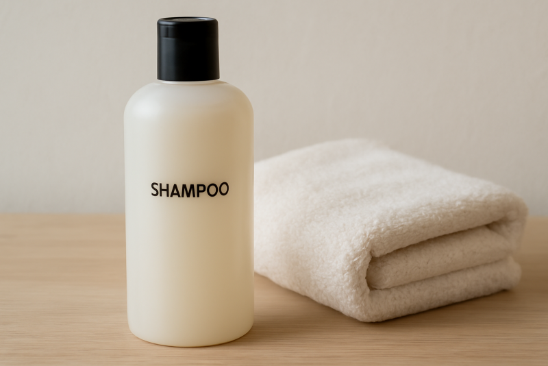 bouteille shampoing et serviette pliée