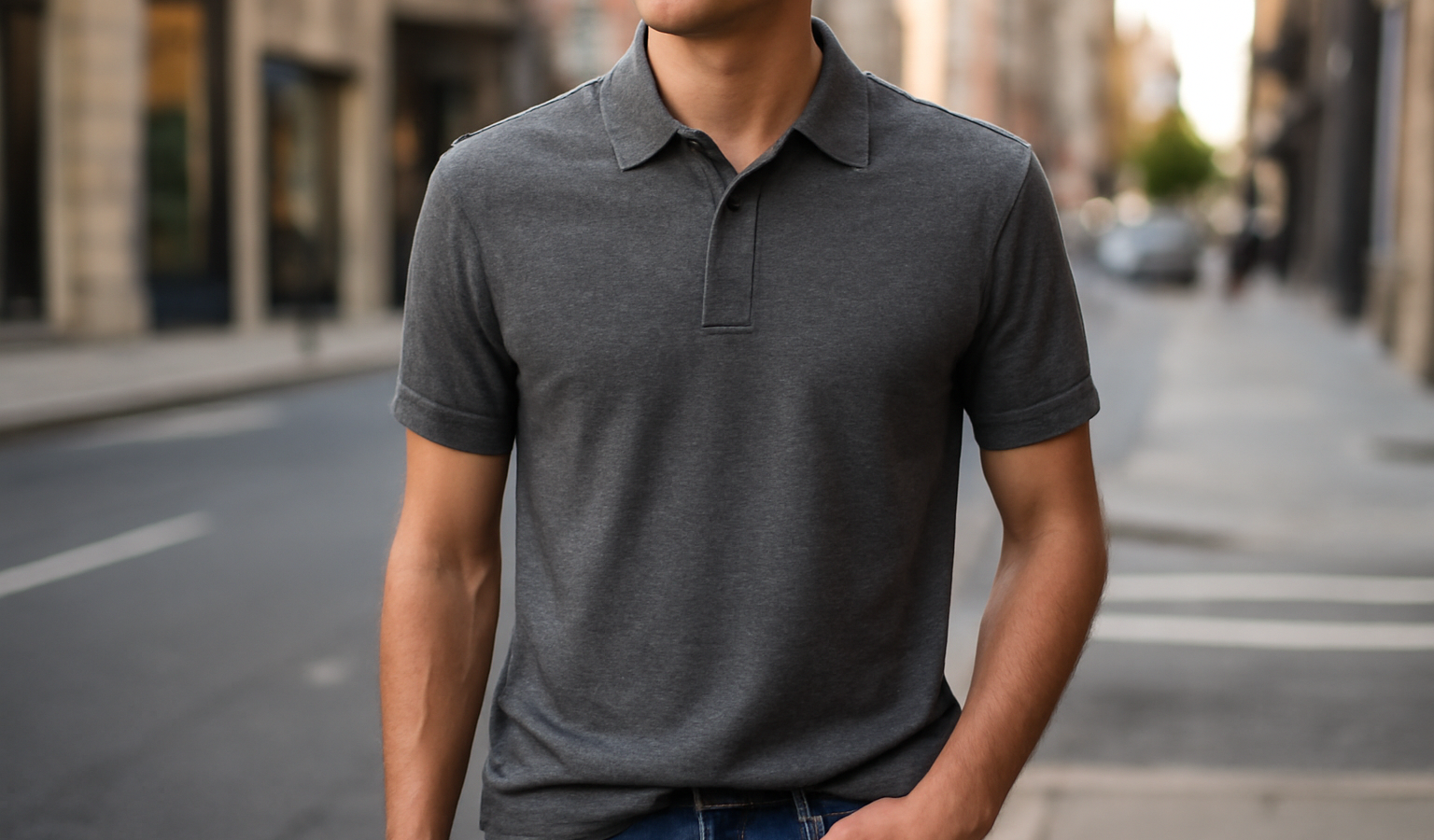 personne portant un polo à col classique en ville