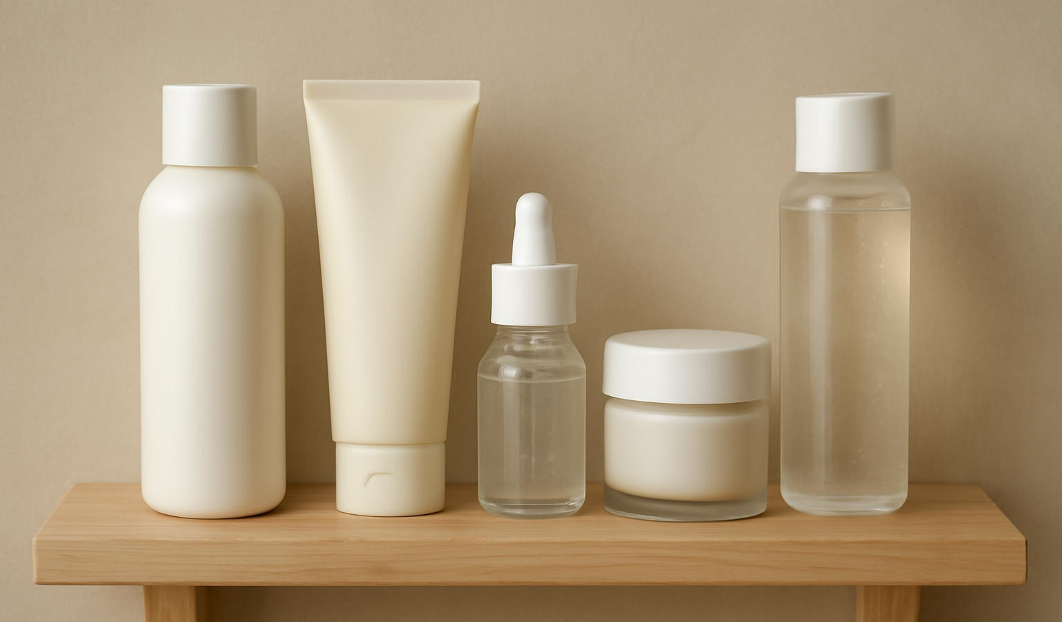 produits de soin alignés sur une petite étagère