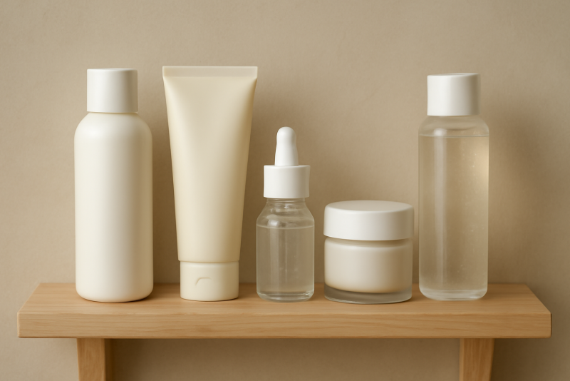 produits de soin alignés sur une petite étagère