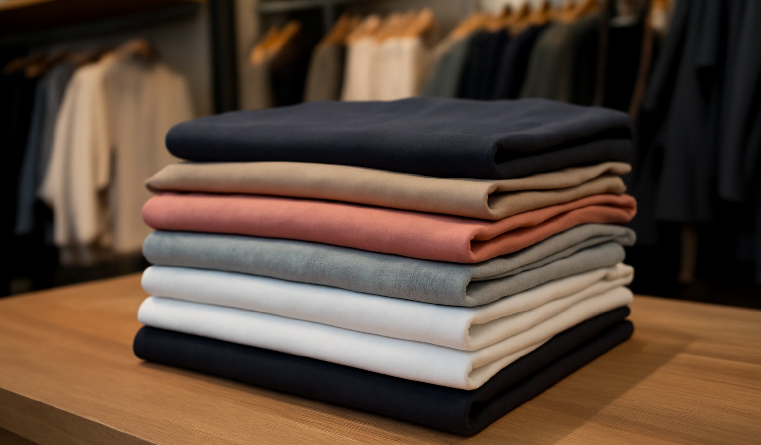 t-shirts empilés sur une table dans une boutique