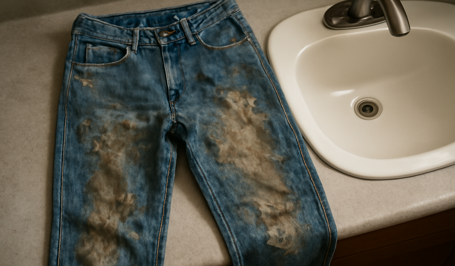 pantalon en denim taché posé près d'évier