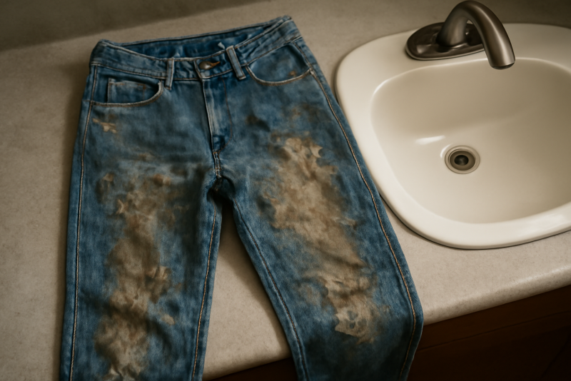 pantalon en denim taché posé près d'évier
