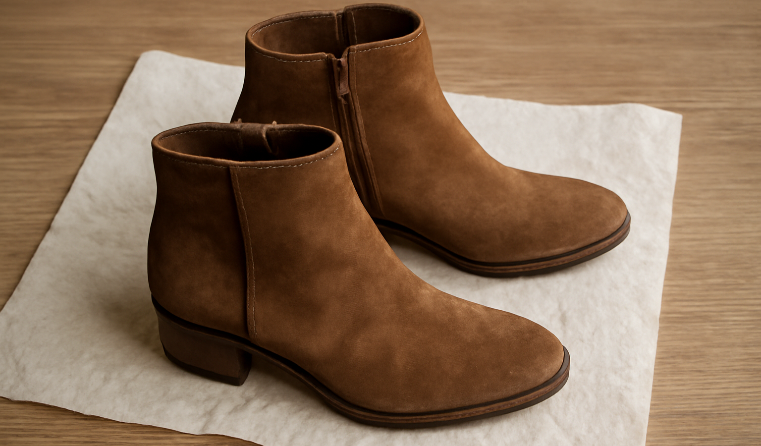 bottines en daim sur papier absorbant