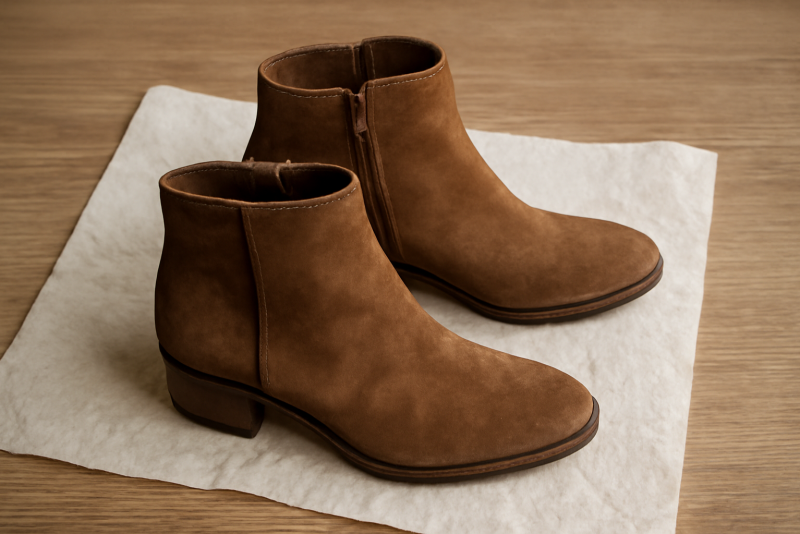 bottines en daim sur papier absorbant