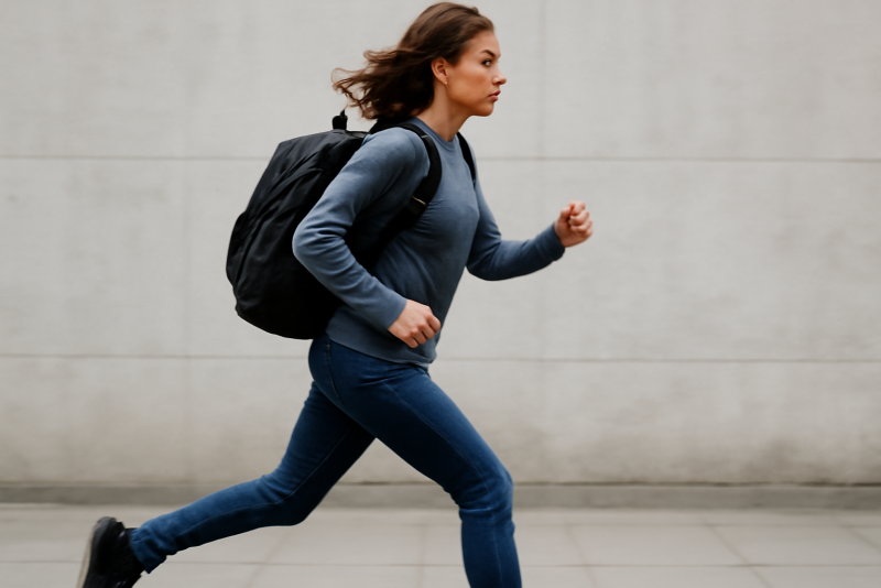 personne marchant vite avec sac à dos