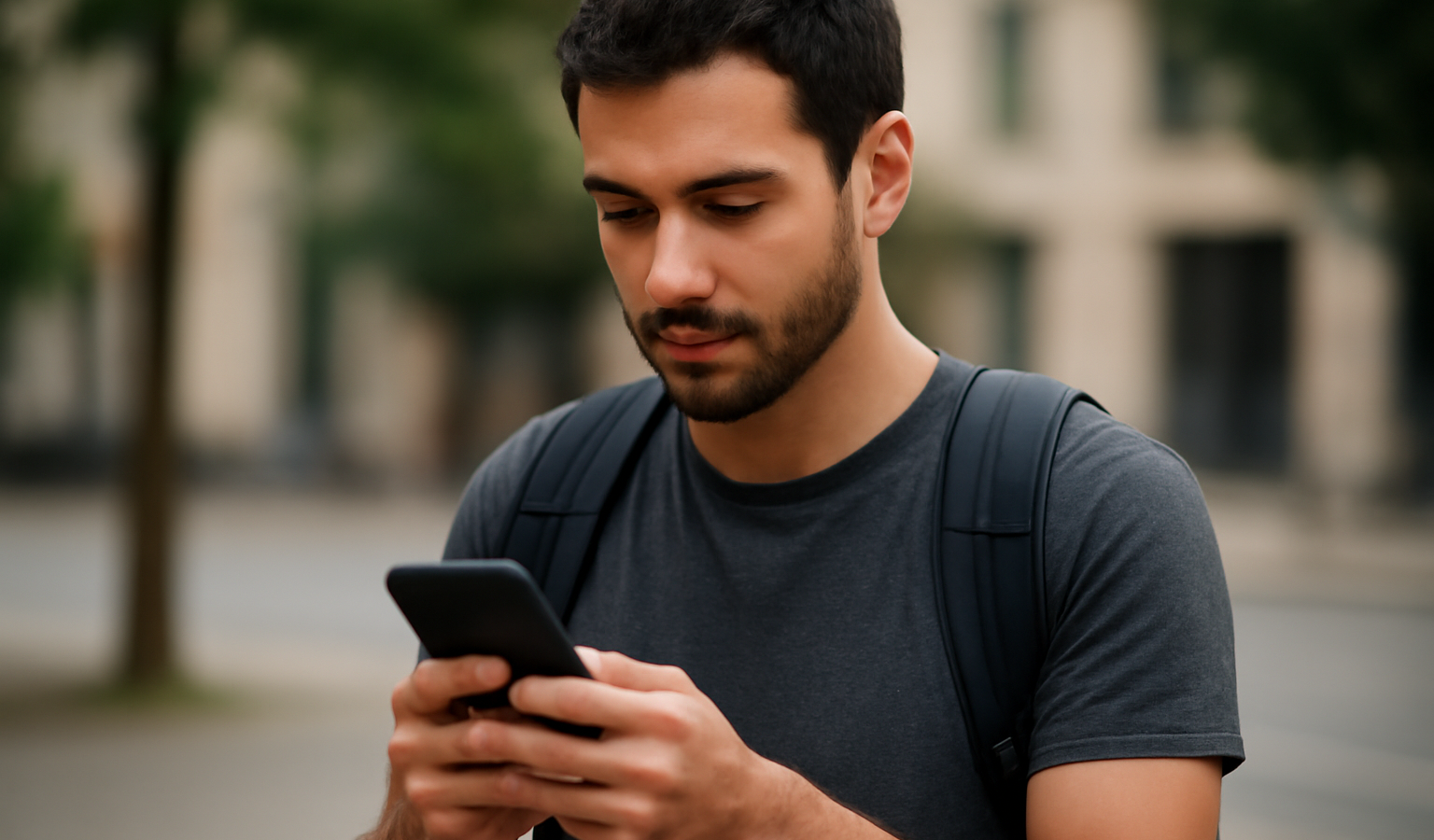 personne regardant son téléphone avec sac à dos