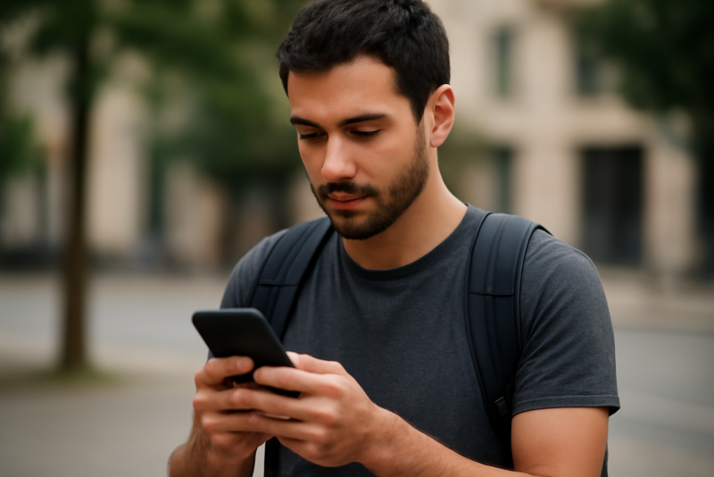 personne regardant son téléphone avec sac à dos
