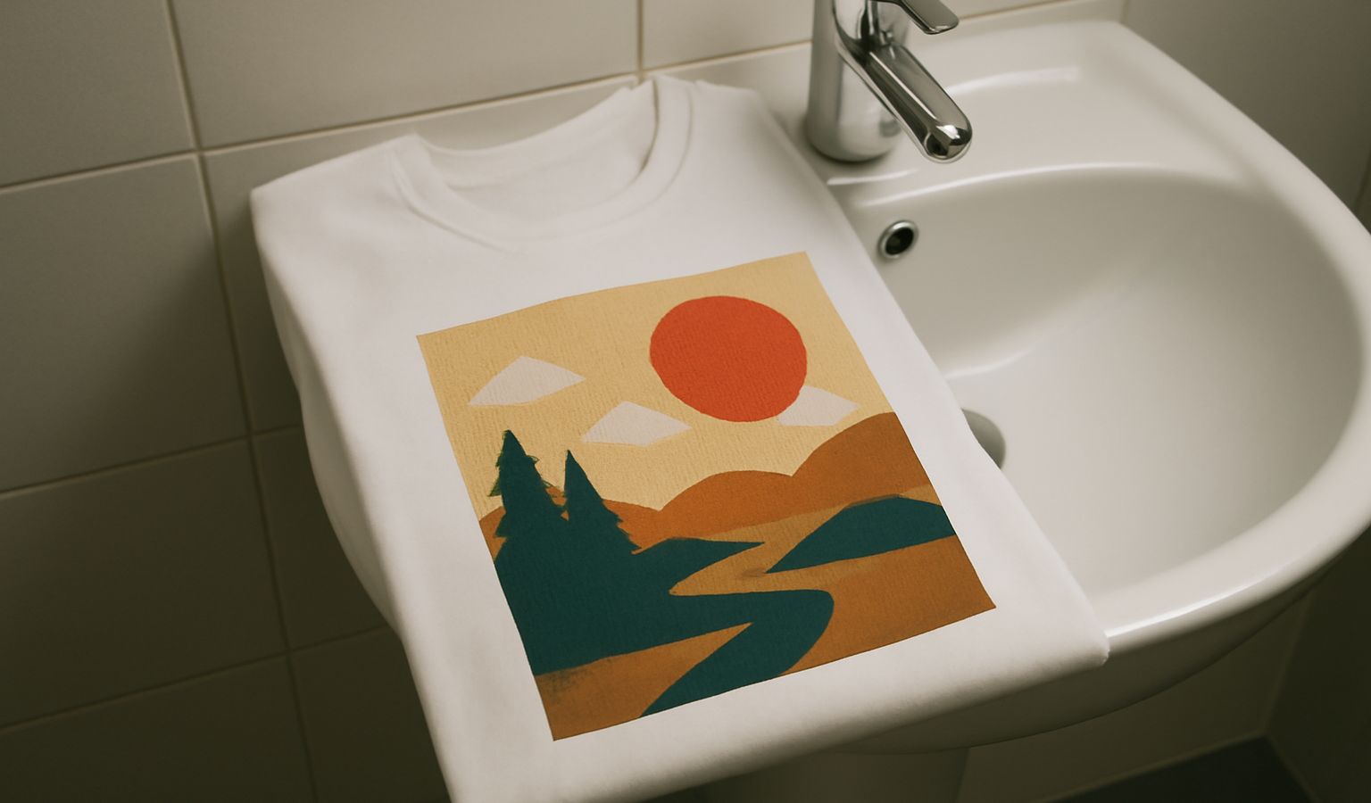 tshirt graphique pose sur lavabo
