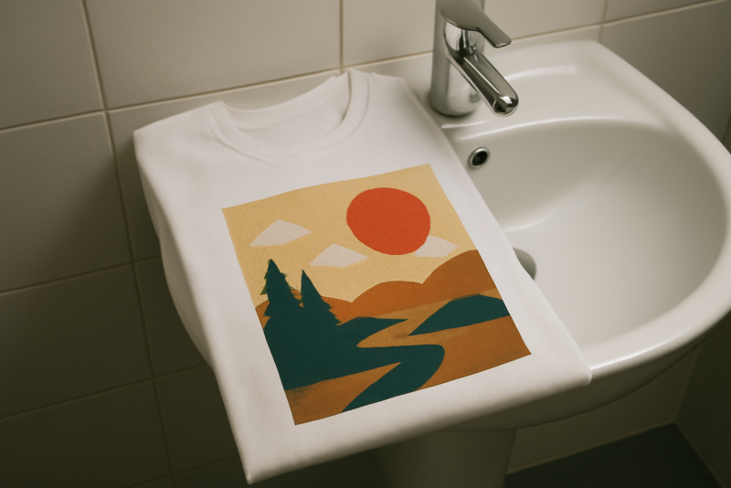 tshirt graphique pose sur lavabo
