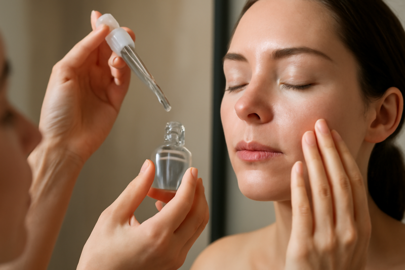 mains appliquant sérum sur visage devant miroir