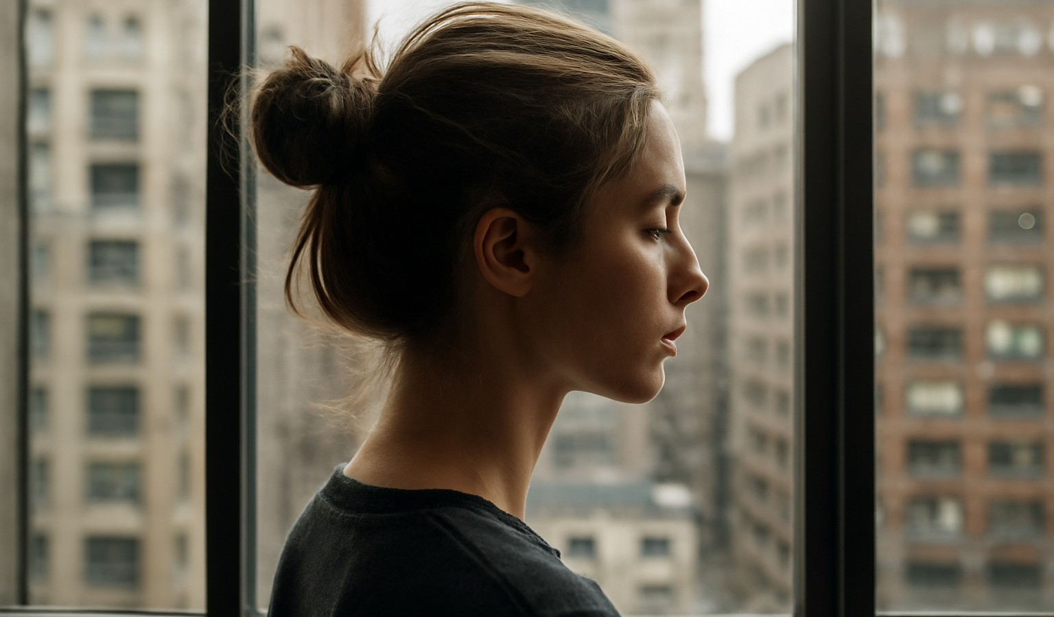 cheveux relevés manipulés devant fenêtre urbaine