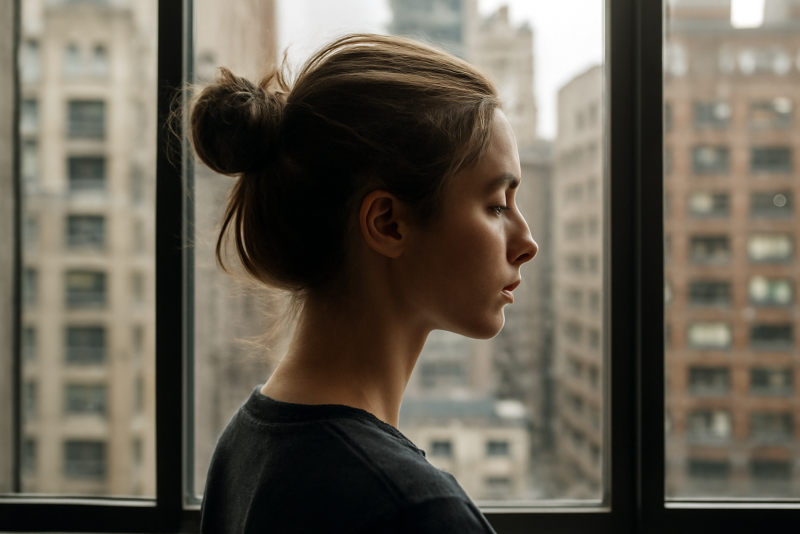 cheveux relevés manipulés devant fenêtre urbaine