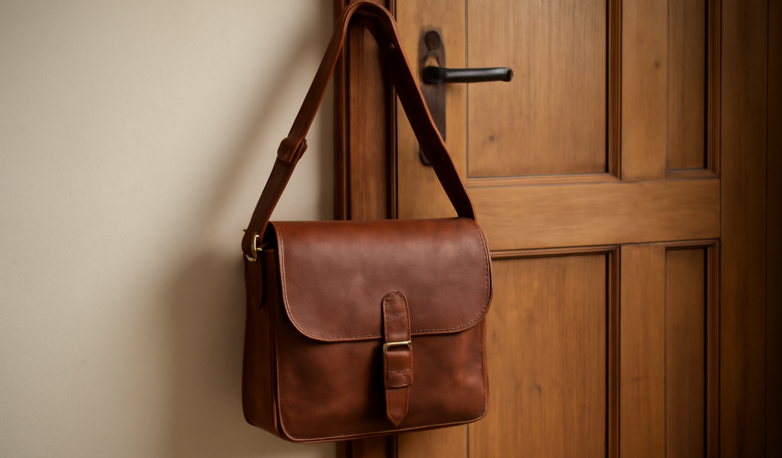 sac en cuir suspendu près d'une porte