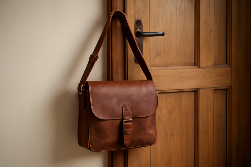sac en cuir suspendu près d'une porte