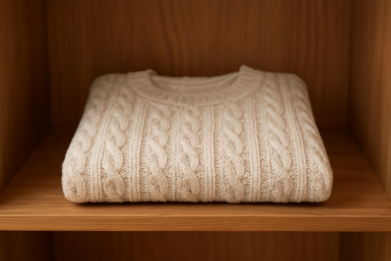 pull plié sur étagère en bois