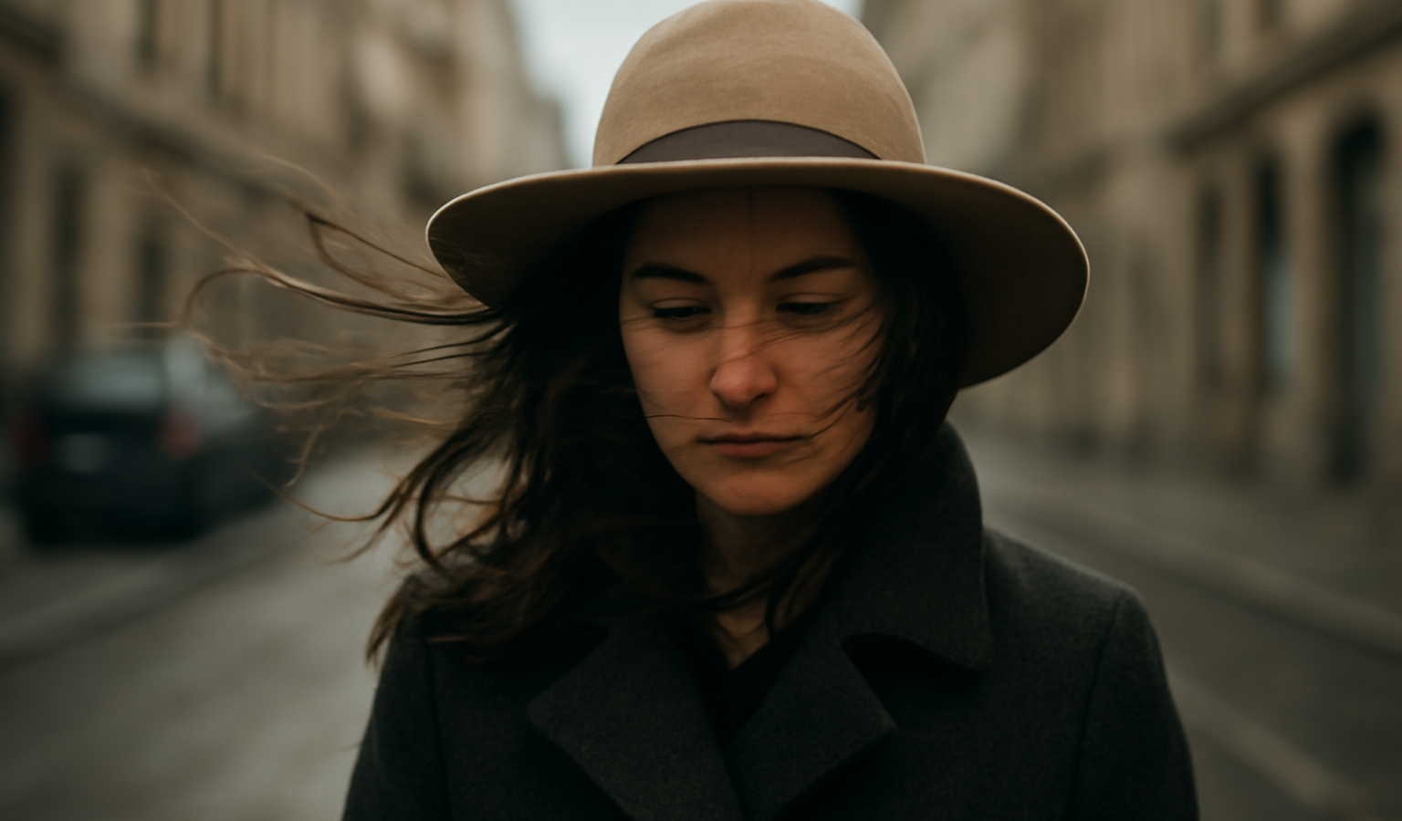 personne avec chapeau dans rue venteuse