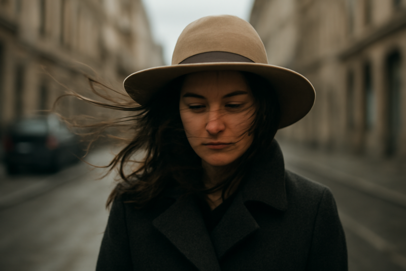 personne avec chapeau dans rue venteuse