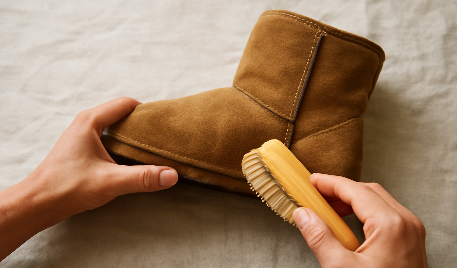 mains brossant une botte en daim sur un tissu