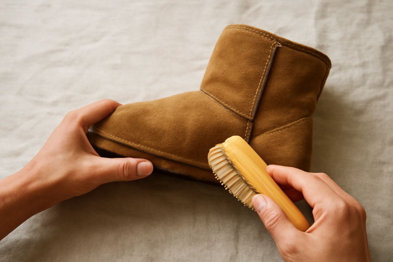 mains brossant une botte en daim sur un tissu