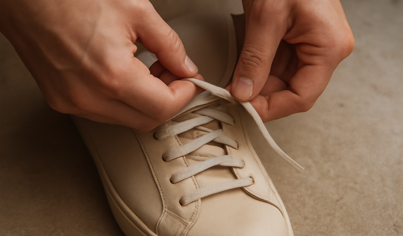 mains nouant un nouveau lacet sur une chaussure