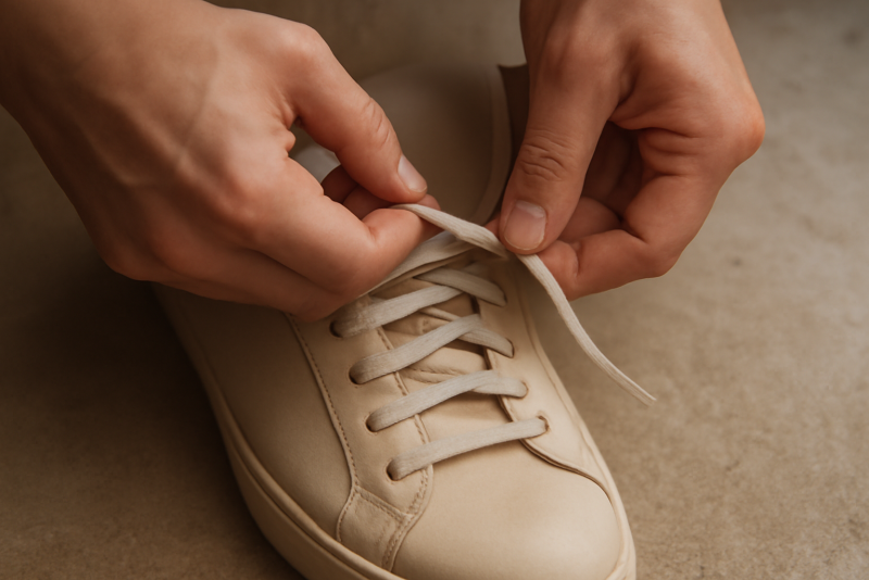 mains nouant un nouveau lacet sur une chaussure