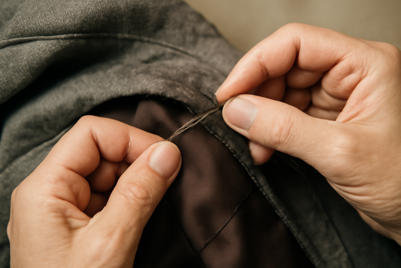 main cousant discrètement une doublure