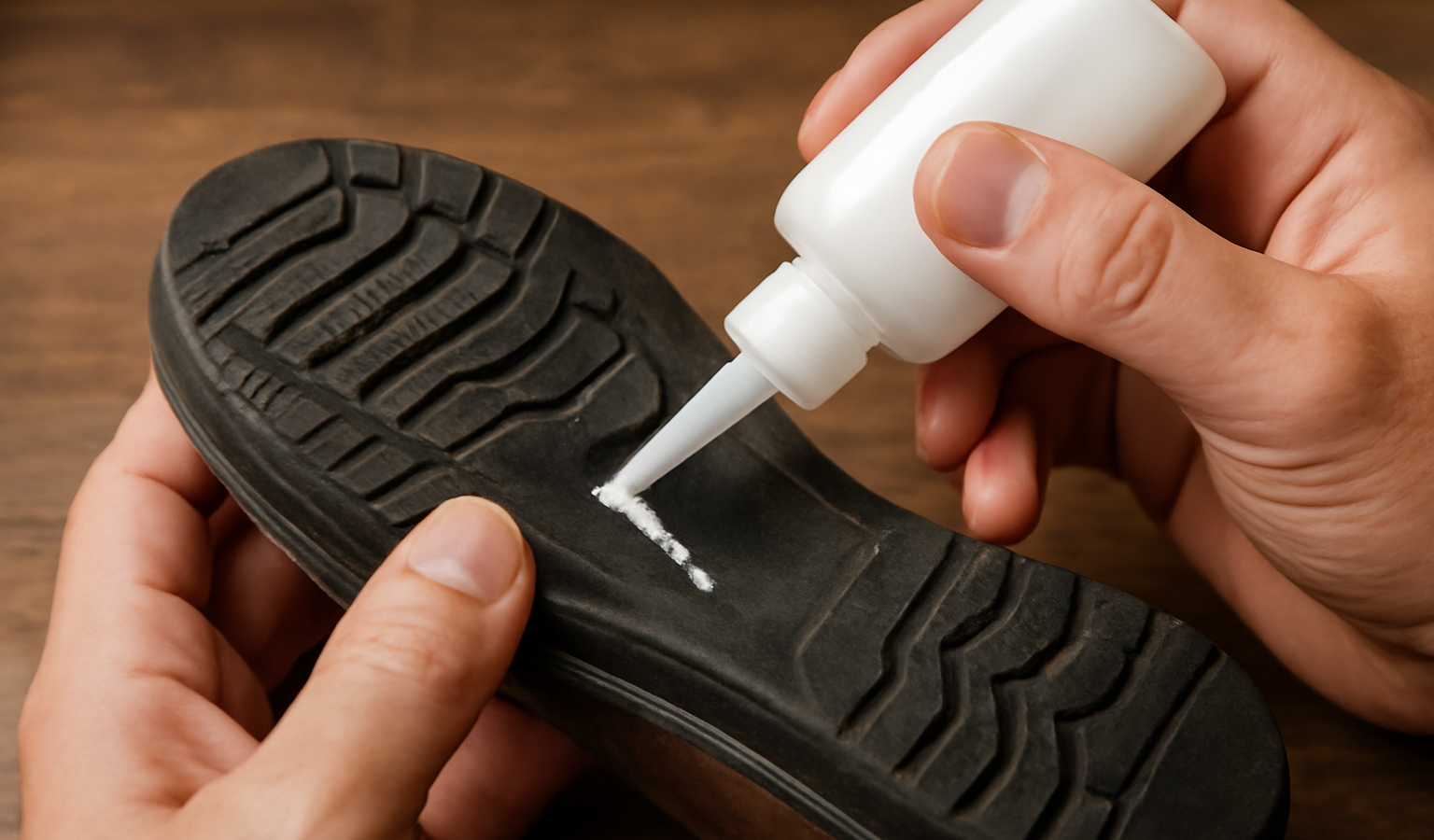 mains appliquant colle sur semelle détachée