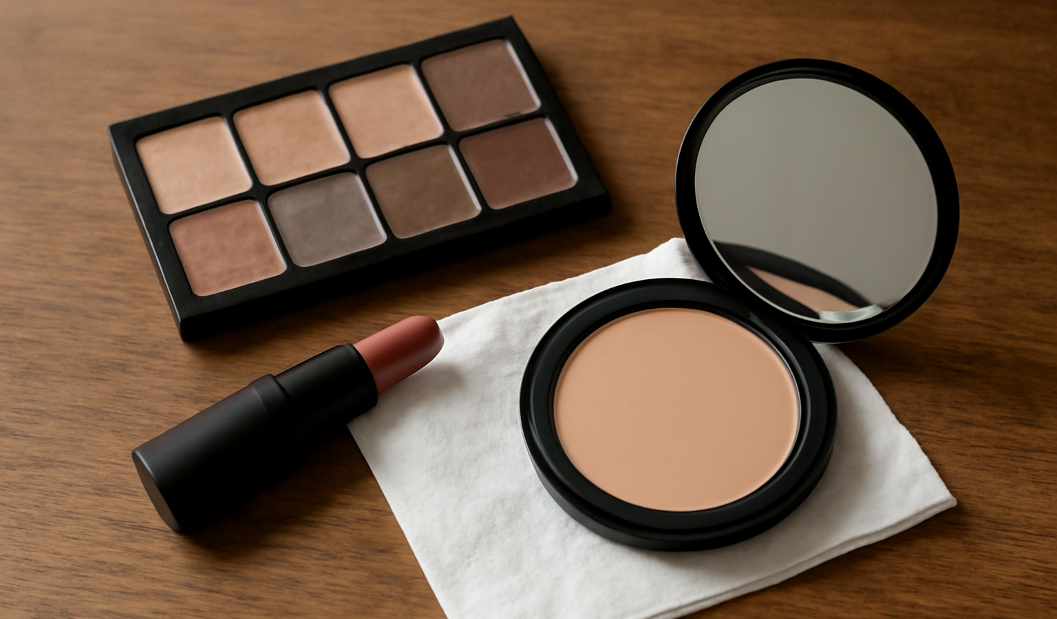 maquillage et mouchoir posés sur table
