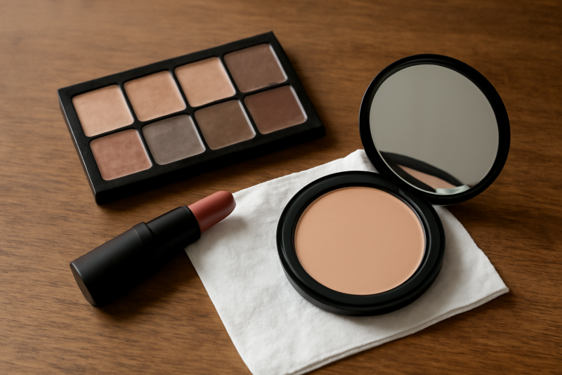 maquillage et mouchoir posés sur table
