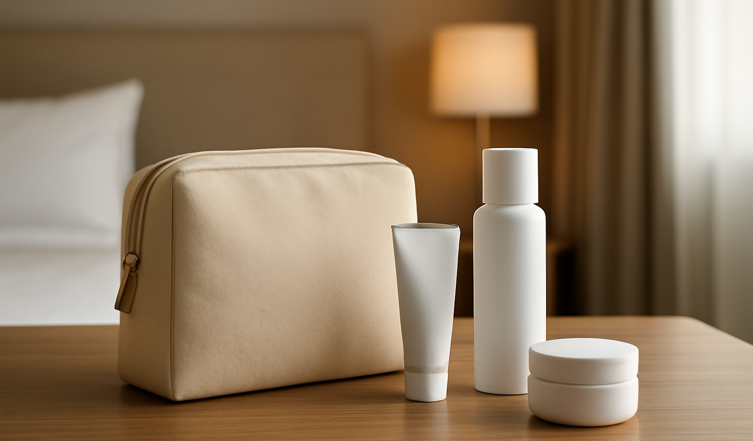 trousse beauté minimaliste posée sur table d'hôtel