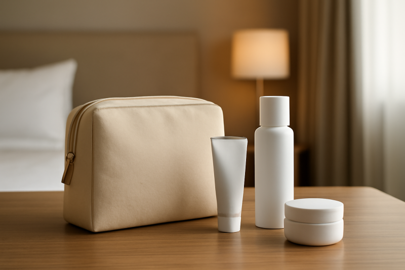 trousse beauté minimaliste posée sur table d'hôtel