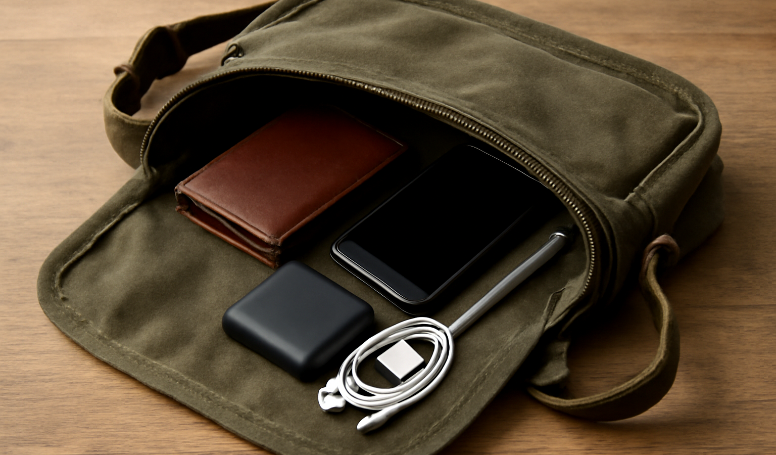 sac bandoulière ouvert avec objets essentiels