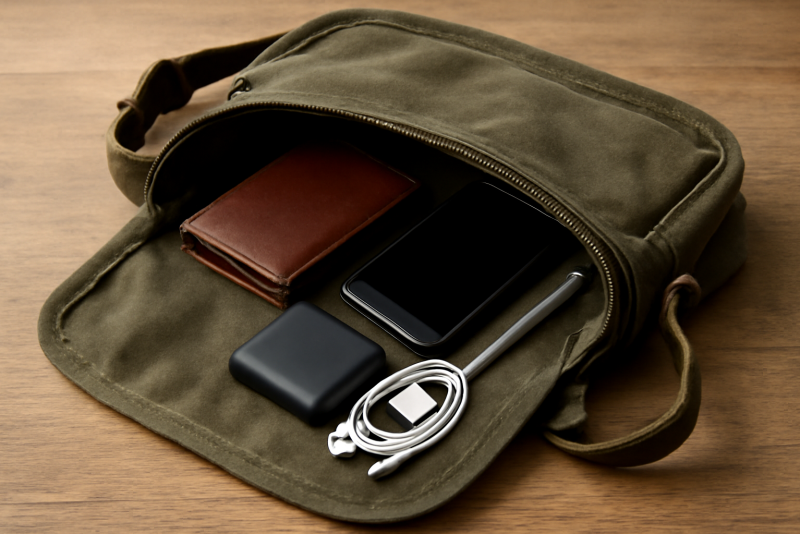 sac bandoulière ouvert avec objets essentiels
