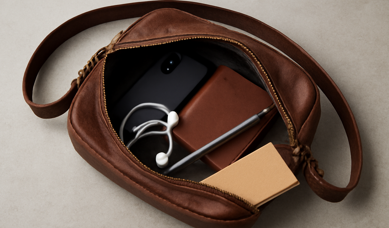 sac bandoulière ouvert avec objets