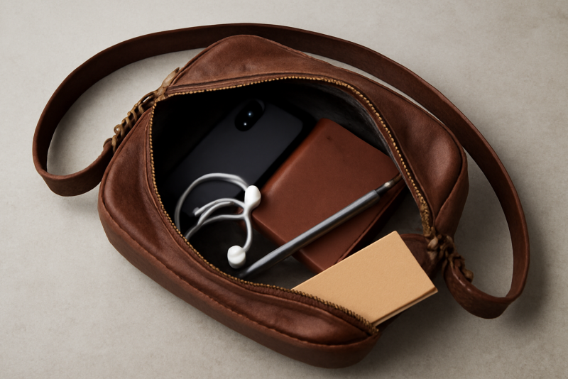 sac bandoulière ouvert avec objets