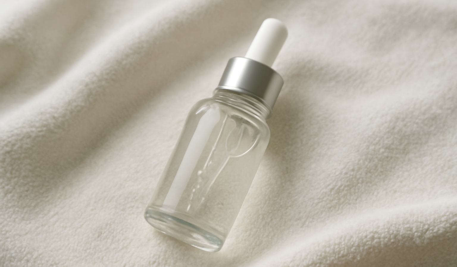 flacon sérum posé sur serviette claire