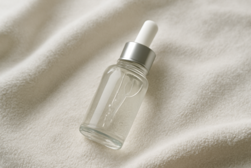 flacon sérum posé sur serviette claire