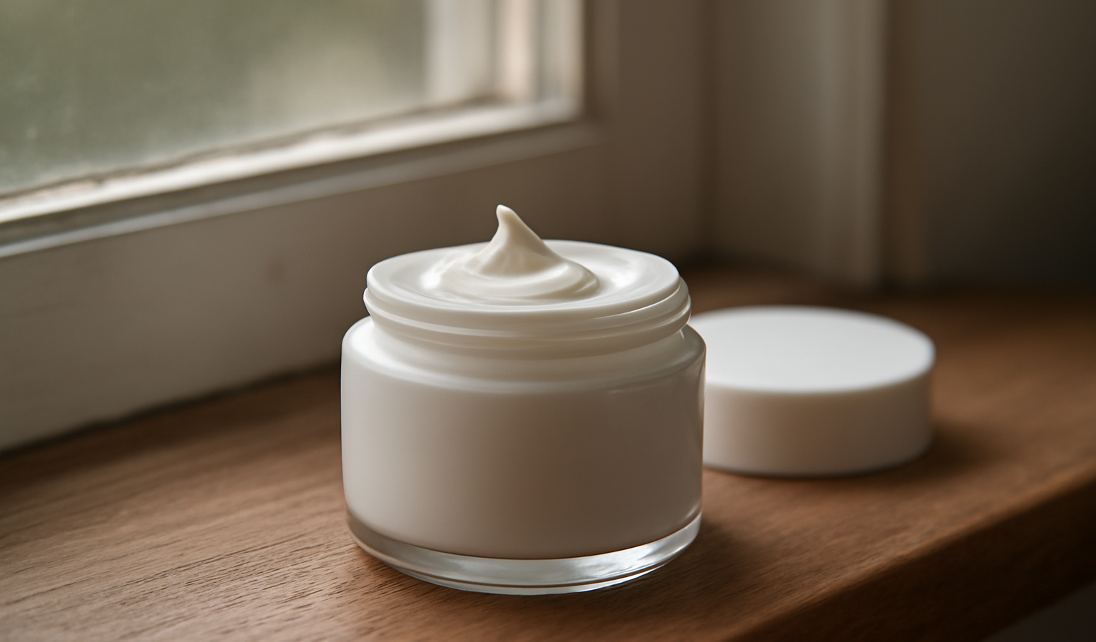 crème visage sur table près d'une fenêtre