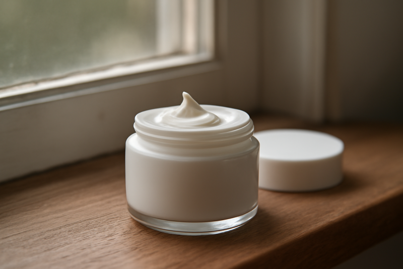 crème visage sur table près d'une fenêtre