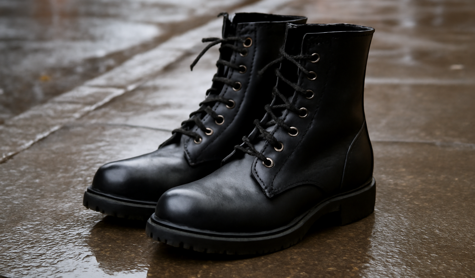 bottines montantes sur trottoir mouillé